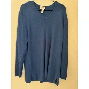Talbots Merino Wool Sweater Made in Italy Vee Neck Washable Size XL Blue Soft
